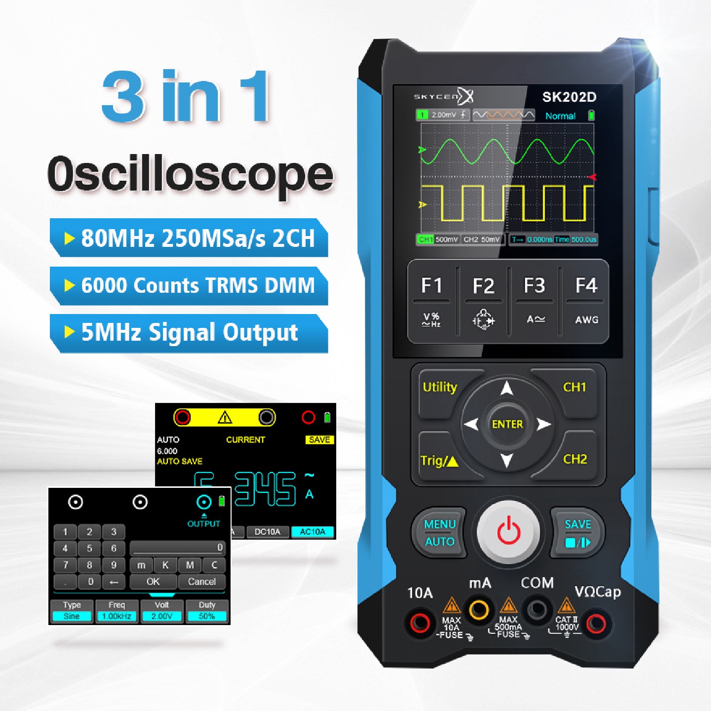 SK202D手持双通道数字示波器250MS采样率80M带宽万用表