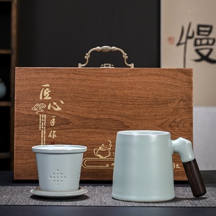 家用办公室泡茶杯茶水分离器印logo 德化高档汝窑主人杯三件套套装