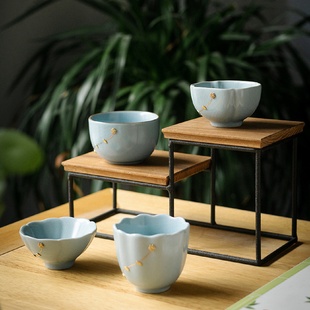 陶瓷茶盏品茗杯个人手锔钉工功夫中式 德鼎天蓝汝窑主人杯中式 茶杯