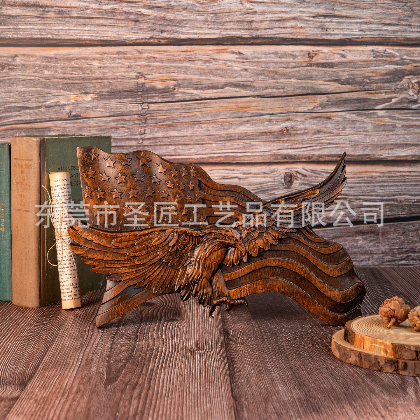 复古美国国旗鹰木雕根雕摆件老鹰图标盾牌家庭装饰画艺术木制品图片
