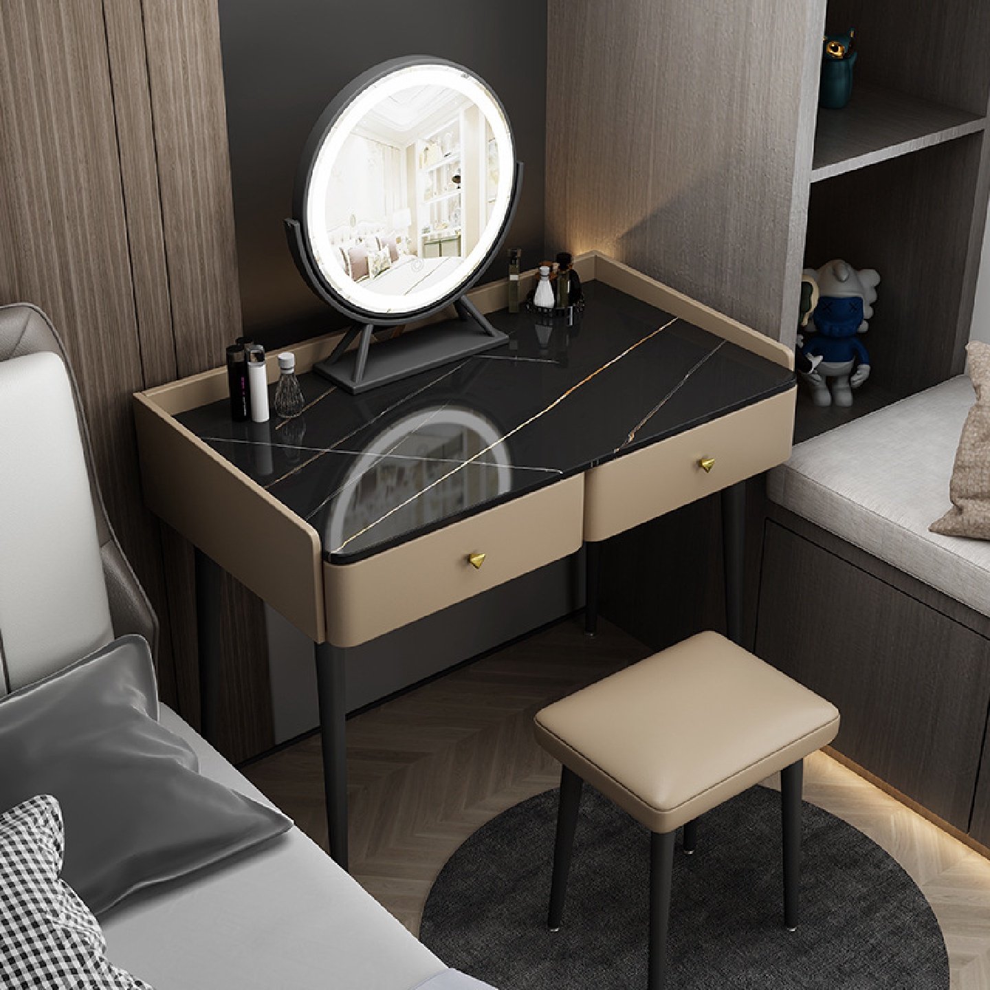 梳妆台收纳柜一体小户型实木化妆桌北欧简约公主带镜带凳化妆台桌