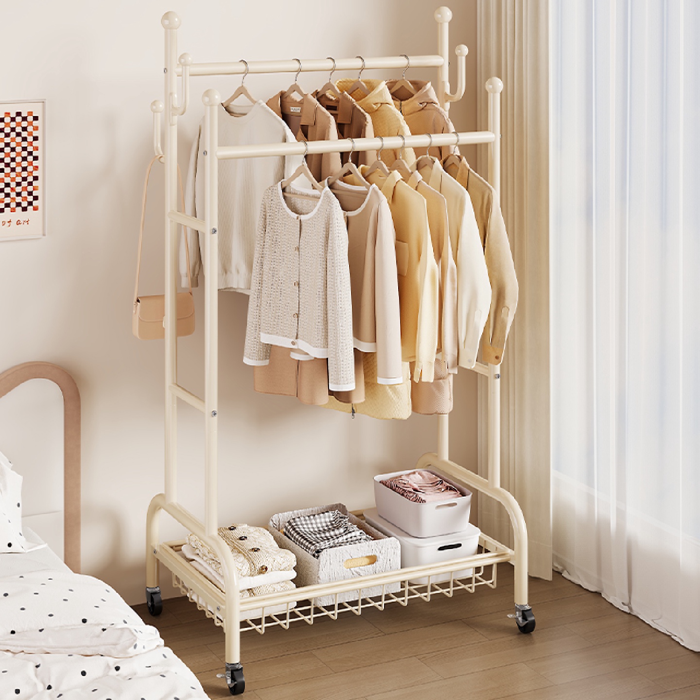 衣架卧室落地简易双杆衣帽架室内家用加厚晾衣架挂衣服收纳置物架