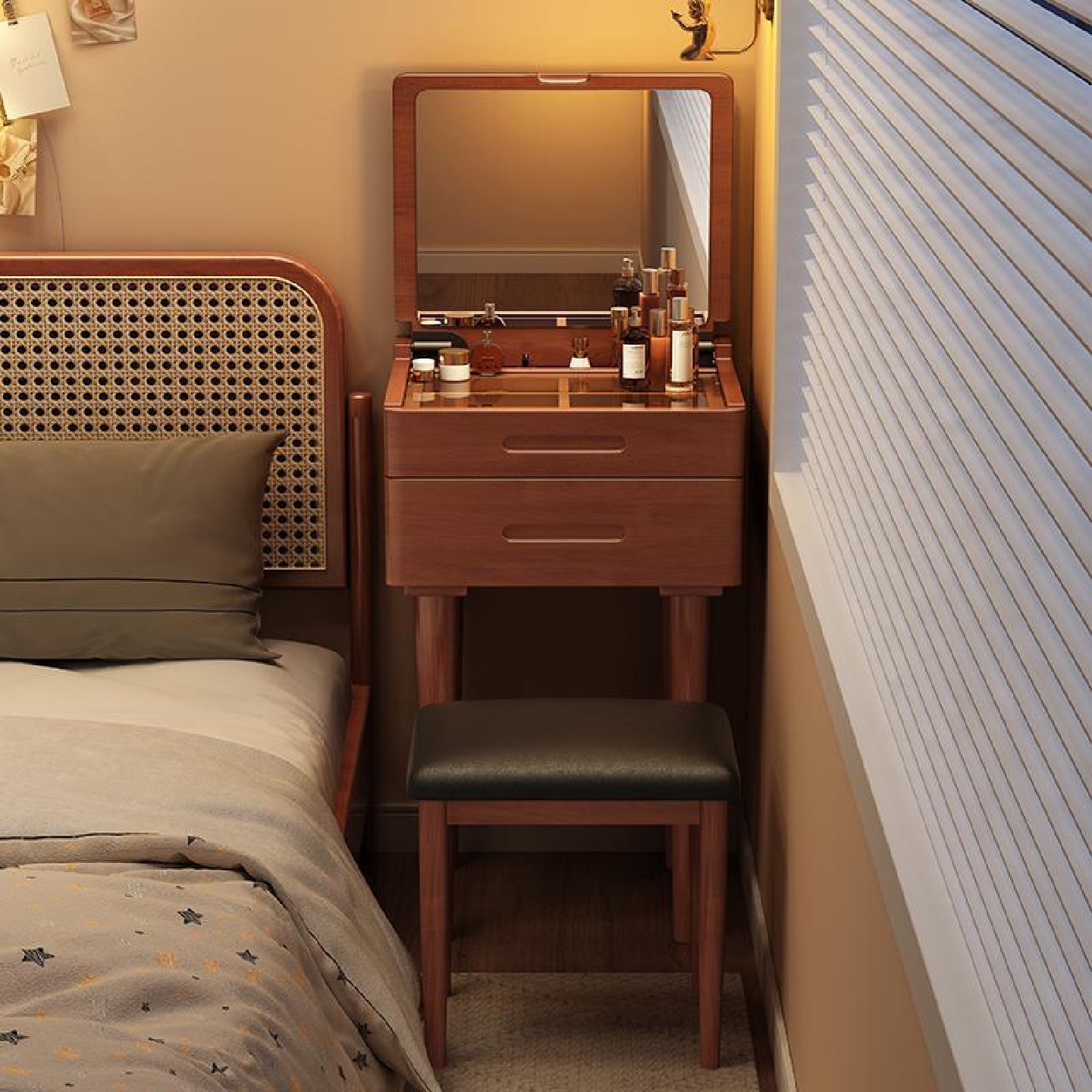 实木梳妆台卧室家用40/50CM迷你翻盖妆台小户型床头柜一体化妆台