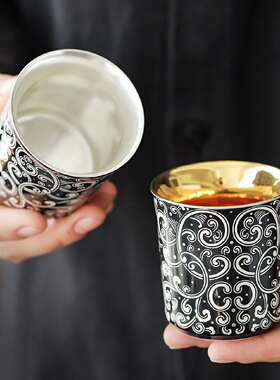 金银错茶杯中式复古缠枝莲主人杯个人专用喝茶品茗杯陶瓷鎏银茶盏