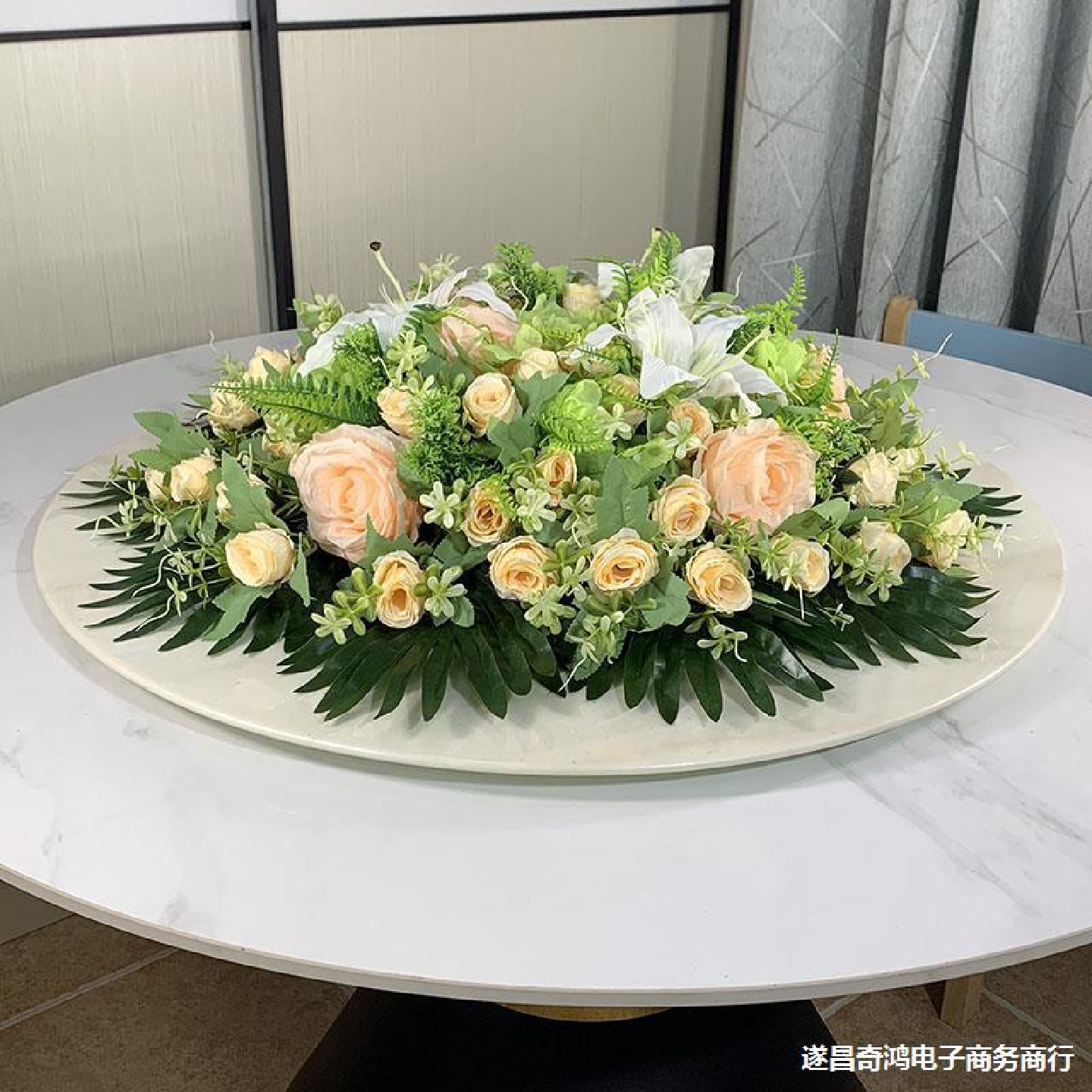 酒店圆桌中间摆花仿真花装饰花假花绢花饭店餐桌转盘桌面摆设花艺