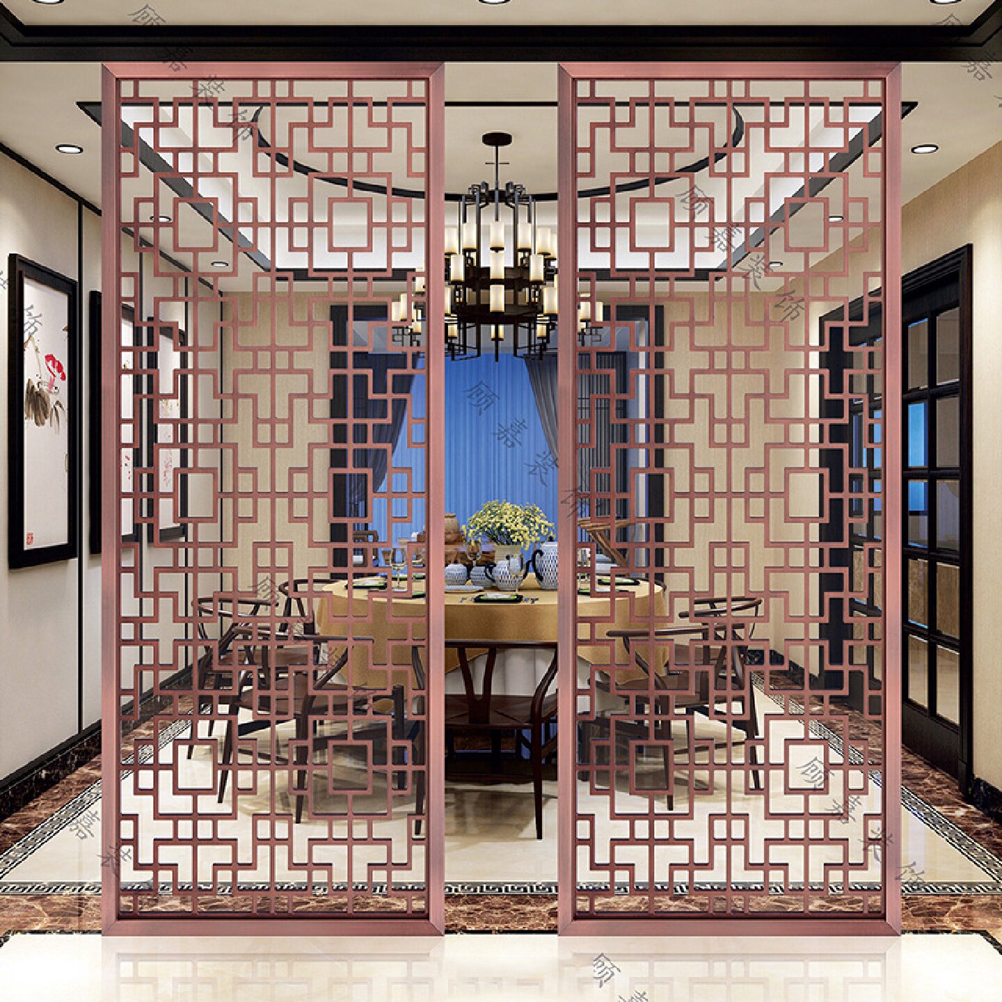 新中式铝合金艺屏风镂空酒店山水室内高端定制背景墙客厅轻奢隔断