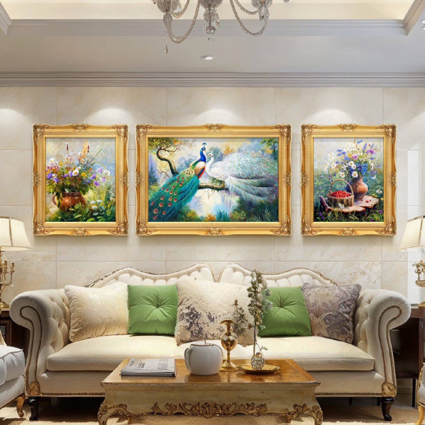 风景客厅装饰画三联孔雀花卉简欧壁画欧式油画沙发背景墙挂画图片