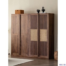 北欧日式黑胡桃木平开门衣柜樱桃木实木格栅藤编推拉移门衣橱