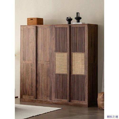 北欧日式黑胡桃木平开门衣柜樱桃木实木格栅藤编推拉移门衣橱