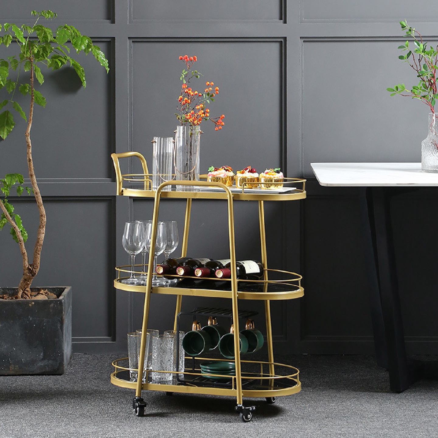 北欧移动餐车酒店商用送餐车茶水车双层三层酒水车小推车蛋糕家用