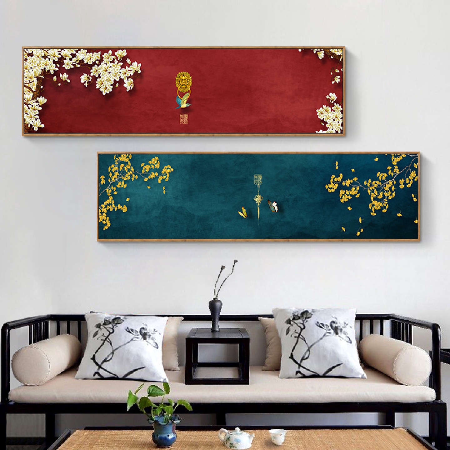 新中式现代简约中国红横幅挂画墨绿树枝屋檐床头版画客厅装饰画图片