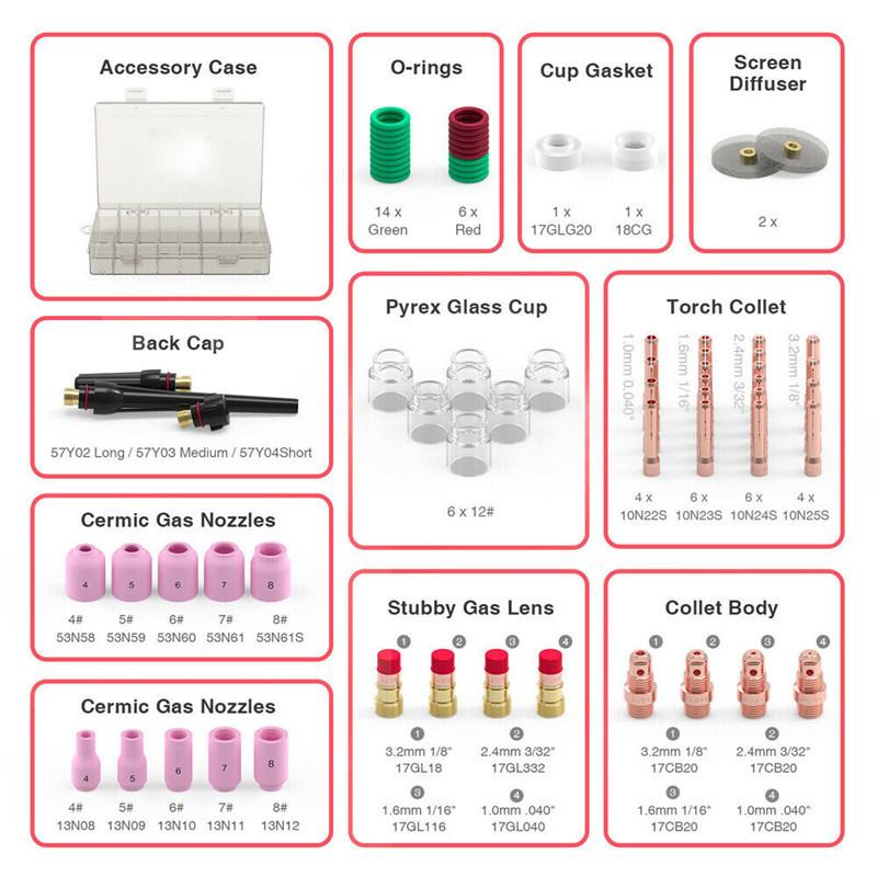 71PCS氩弧焊枪易损件WP-17/18/26焊接Pyrex玻璃杯连接体71件套装