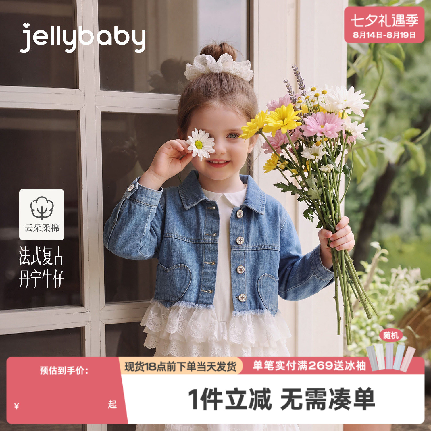 jellybaby女童牛仔外套秋季儿童上衣小童蕾丝拼接小女孩宝宝秋装