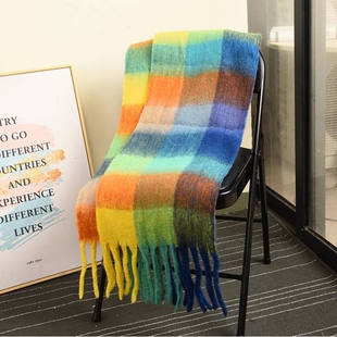 围巾女冬季ac双面彩虹格子披肩长款海马毛拼色围脖男同款流苏