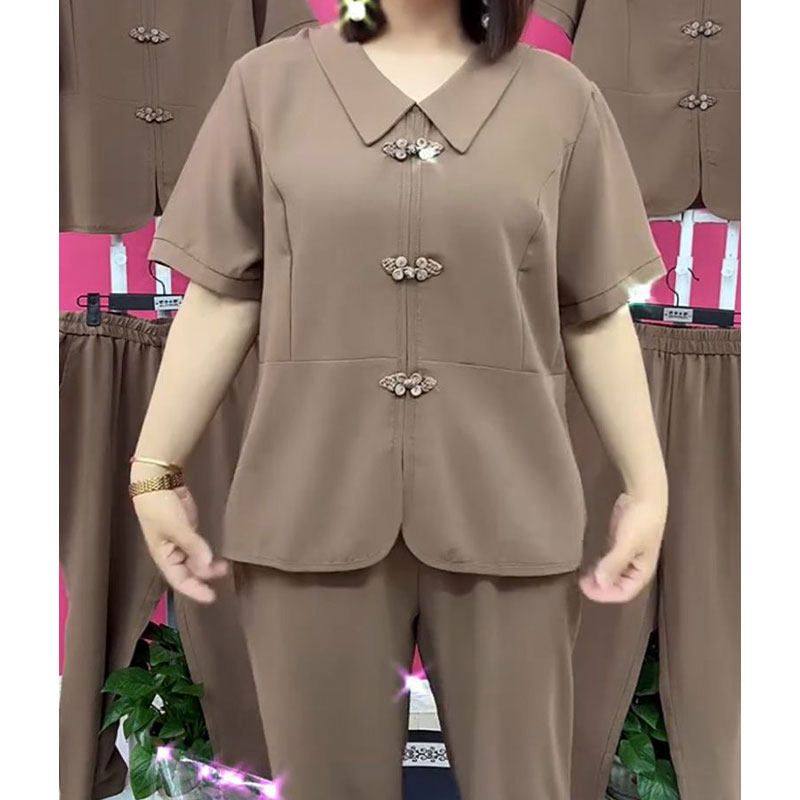 洋气时尚休闲妈妈套装女士2024夏季新款短袖上衣九分裤纯色两件套,女装/女士精品,时尚套装,淘宝优惠券,粉丝福利购,淘宝优惠卷