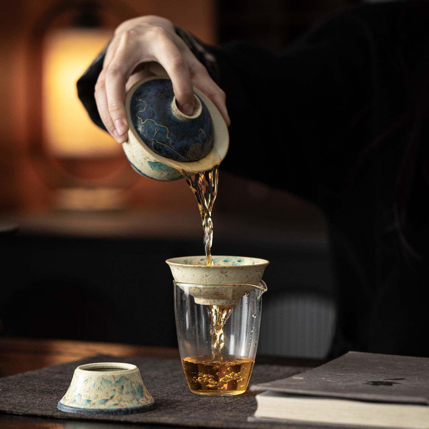 青花火石红莲生吉祥过滤组全瓷一体式茶叶分离器中式复古茶具配件