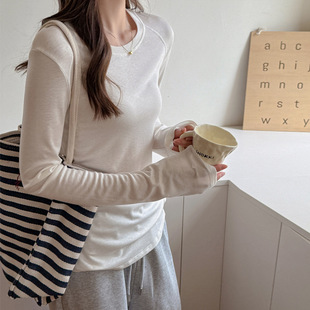 可外穿上衣 打底衫 羊毛天丝慵懒风圆领插肩长袖 t恤女士内搭秋冬季