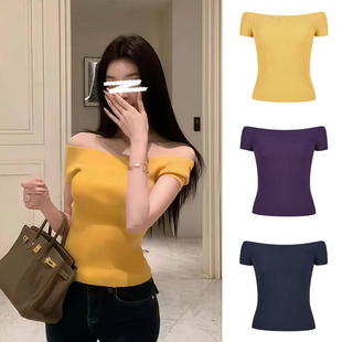 女装 一字肩针织短袖 少女针织衫 修身 T恤女夏收腰显瘦露肩上衣夏季