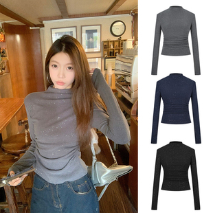 高级感上衣休闲亮片 显瘦打底衫 少女细闪半高领长袖 T恤女褶皱修身