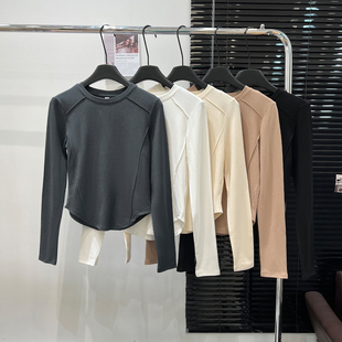 设计感鱼骨线收腰修身 内搭秋季 弧形下摆上衣 复古t恤女打底衫 美式