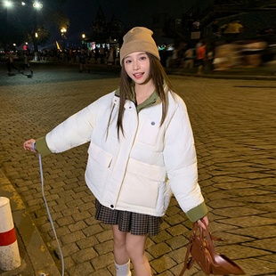 撞色立领棉服女短款 新款 宽松加厚高级感小个子外套 韩版 2025年冬季