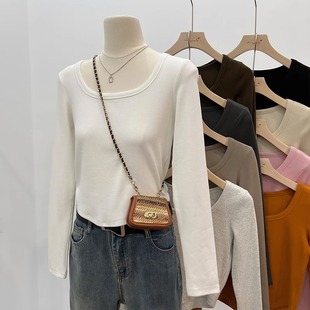 修身 高腰打底衫 白色上衣潮 内搭T恤女春秋2023新款 纯欲U领锁骨长袖