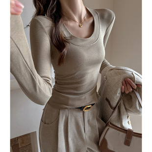 女内搭正肩修身 打底衫 显瘦t恤高级感上衣 加厚磨毛圆领长袖 秋冬季