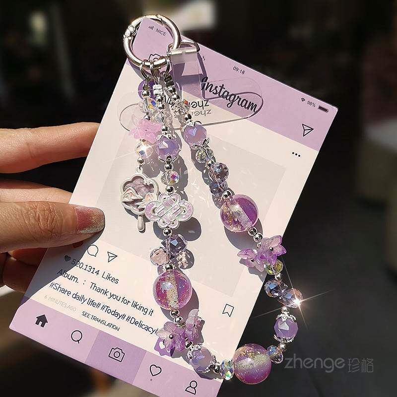 国风水晶珠手机链 串珠手链短款设计 中国结团扇手机挂饰