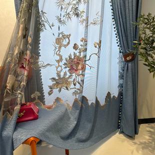 客厅绣花纱帘隔断富贵竹窗纱窗帘遮光绒布卧室餐厅阳台定制 新中式