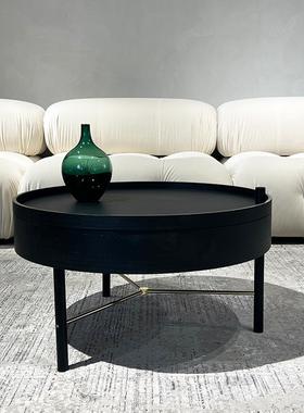 北欧小户型圆形茶桌实木黑色客厅储物茶几组合现代简约 网红ins风