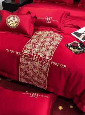 中式简约喜字结婚四件套大红色床单被套全棉纯棉婚庆婚房床上用品