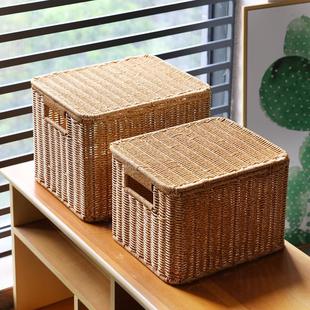 带盖收纳箱家用大号仿藤编织筐北欧风衣橱格子柜置物篮杂物收纳盒