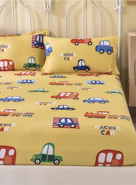 黄色纯棉单件床笠床垫保护罩儿童男孩卡通汽车工程车防滑床套全棉