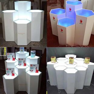 木绘六角形展位商业精品展示柜配光玻璃展位科技厅会议厅展台夜光