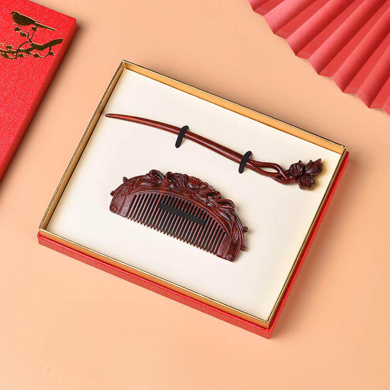 紫檀木梳簪子雕花花团锦簇便携防静电家用礼盒装送女朋友养发梳子