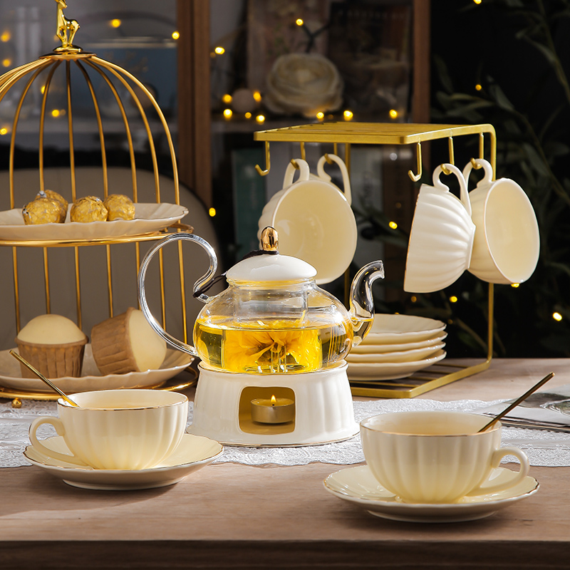 轻奢花茶壶套装蜡烛加热煮茶玻璃茶杯水果茶壶英式下午茶具套装