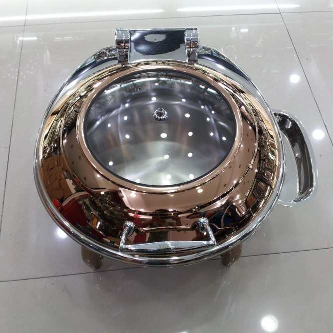 YUFEH宇辉镀金玫瑰金豪华圆形玻璃盖餐炉 星级酒店用品自助餐炉