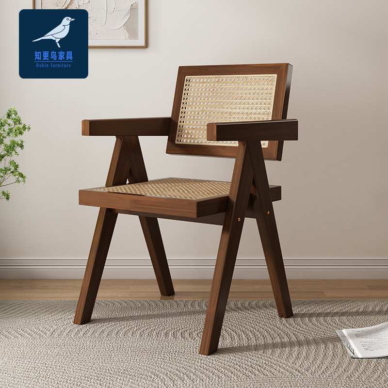 全实木藤编椅子椅昌迪加尔椅日式扶手椅餐厅仿藤工艺椅休闲阳台
