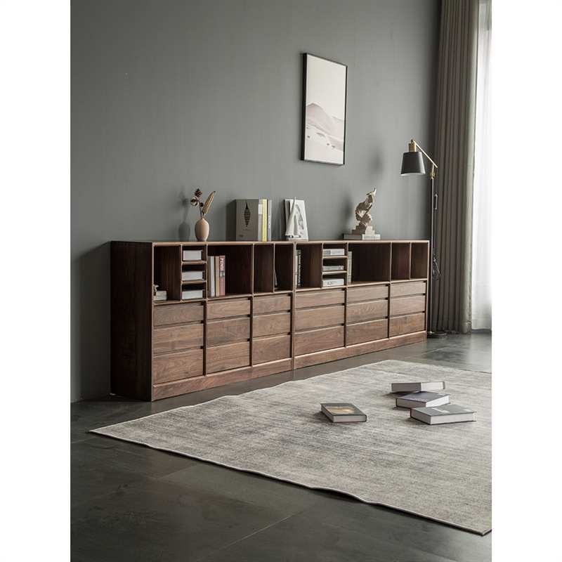 北美黑胡桃木全实木书架矮书柜简约日式樱桃木书架储物抽屉电视柜