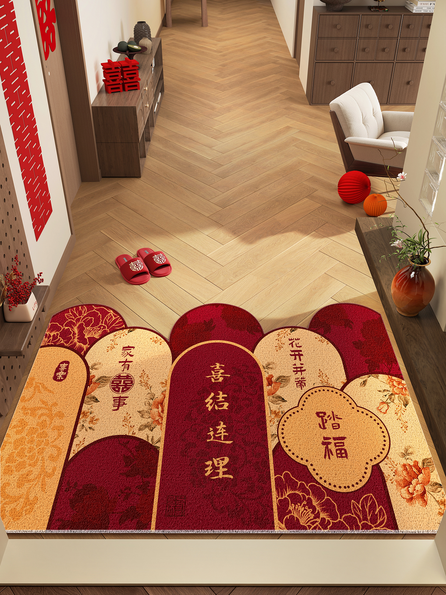 红色入户门地垫喜庆结婚门口进门脚垫可裁剪丝圈门垫喜字防滑地毯