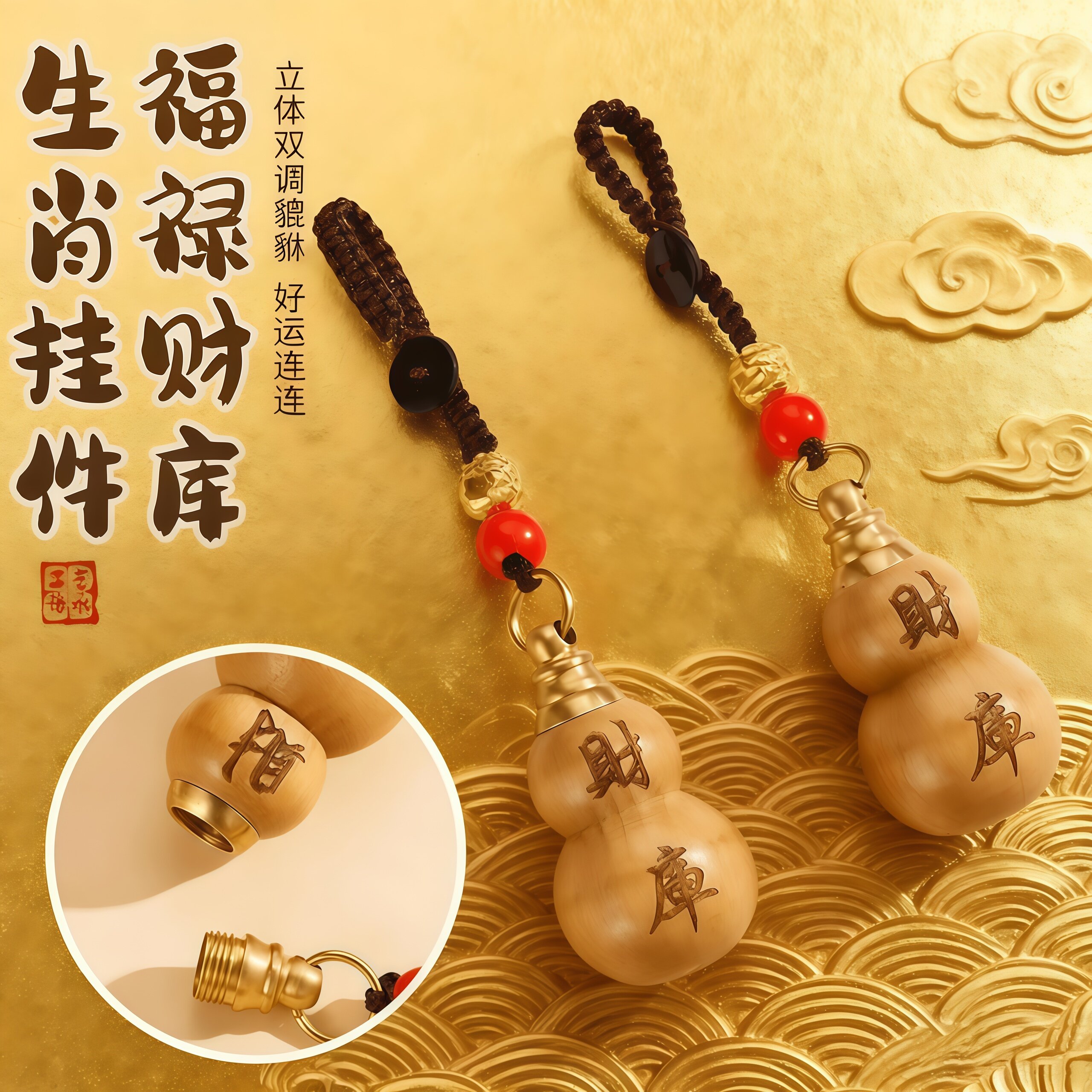 桃木红沙财库葫芦钥匙扣纳福挂件