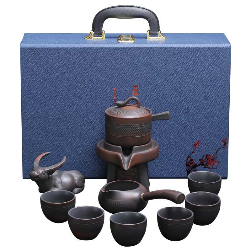 紫陶茶具套装家用客厅中式复古陶瓷全自动茶杯石磨懒人泡茶器