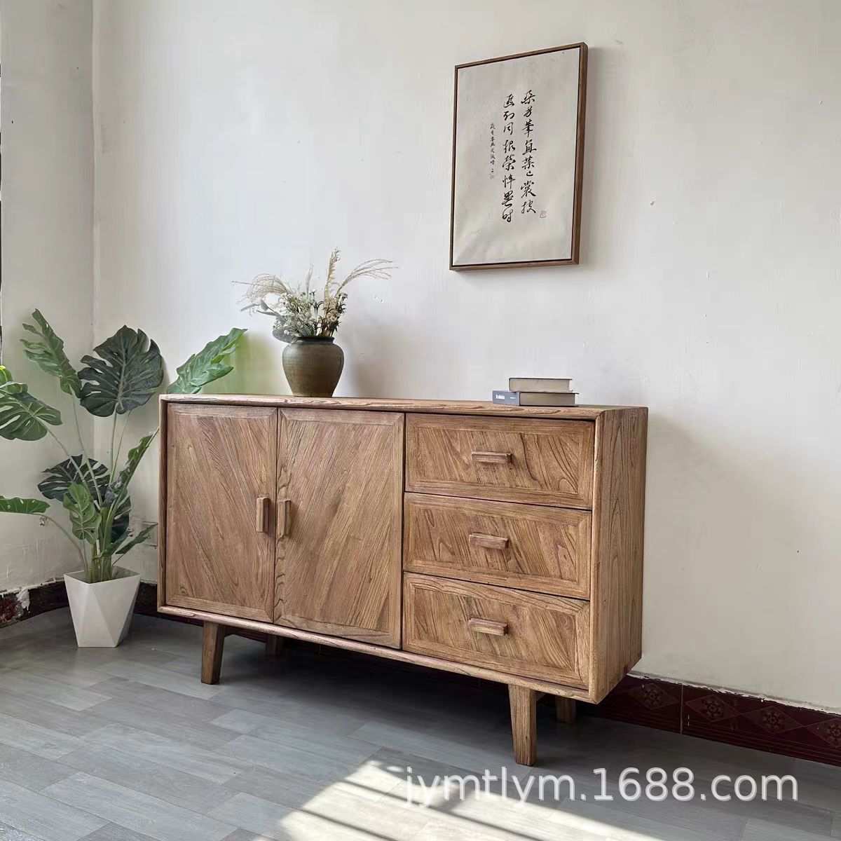 老榆木储物柜榫卯斜纹中古储物柜实木收纳柜复古风玄关柜靠墙边柜