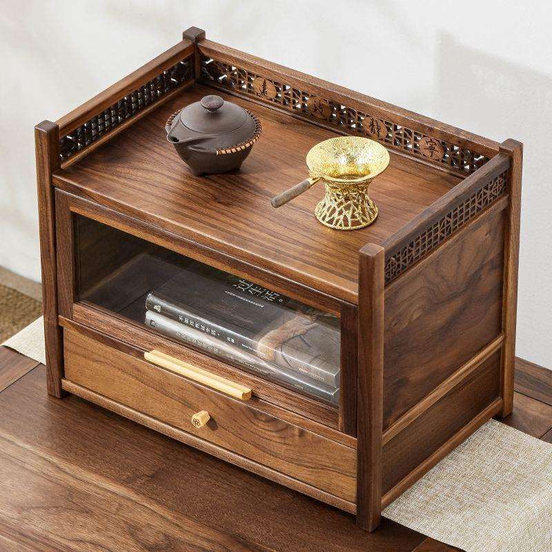 胡桃木置物架桌面小型防尘博古架实木简约摆件茶壶茶具台式收纳柜