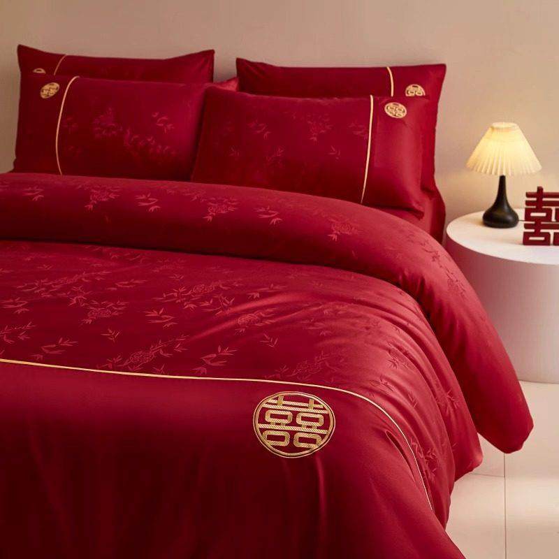 高档中式婚礼结婚四件套大红色新婚喜字被套婚庆床上用品婚房陪嫁
