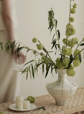 栗石【青肴】奶绿线条手作陶瓷花瓶新中式高级感客厅餐桌插花摆件