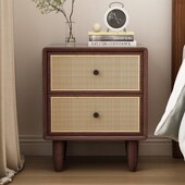实木床头柜北欧胡桃色藤编床边柜原木现代简约复古cm抽屉柜定制