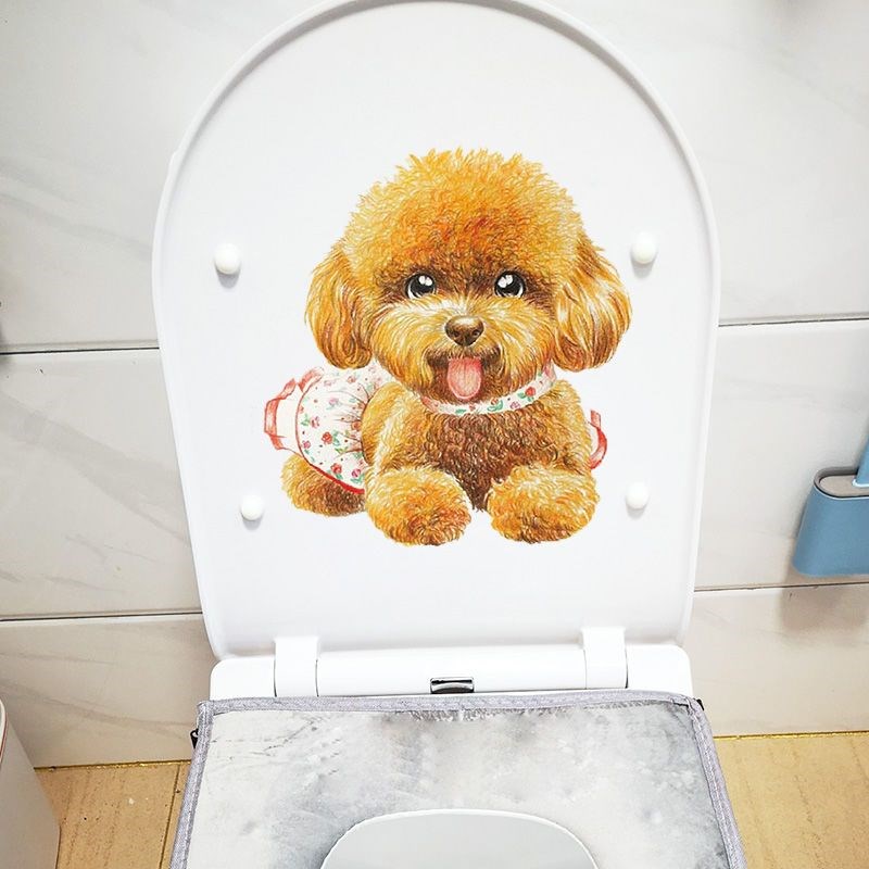 可爱的泰迪犬图案浴室卫生间装饰墙贴防水的马桶盖贴纸