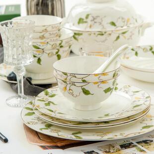 金岚玉唐山骨瓷餐具套装家用香榭丽舍碗盘碟60清新居家50头10人餐