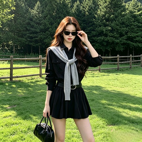 MEI ZI 美姿-工装风翻领收腰短款长袖设计感连衣裙(配腰带,披肩)